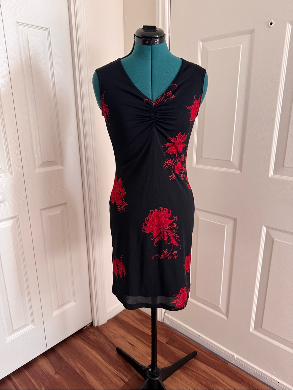 Vintage Black Midi Dress with Red Floral Embroidery